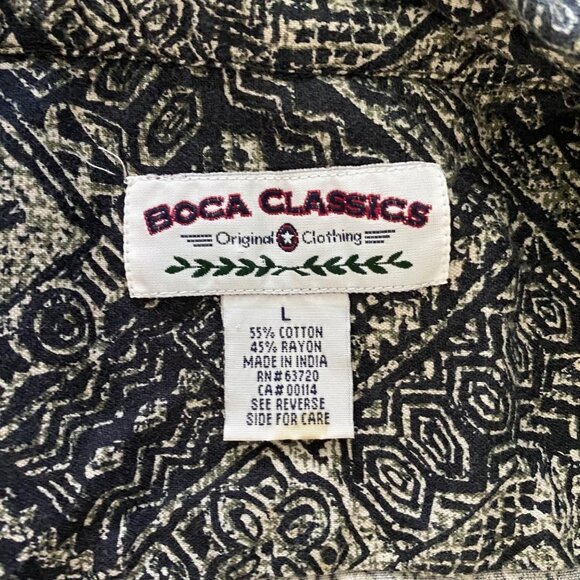 Boca Classics Short Sleeve Button Down Shirt Black Gray Aztec Print Men's Large - Picture 6 of 7